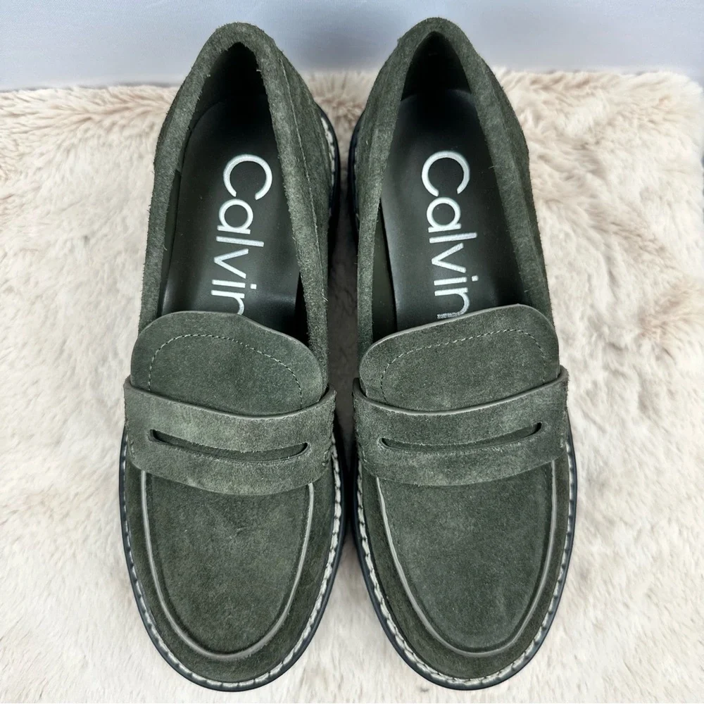 CALVIN KLEIN Women Suzie Suede Slip-on Lug Sole Loafer Dark Green Sz 5.5